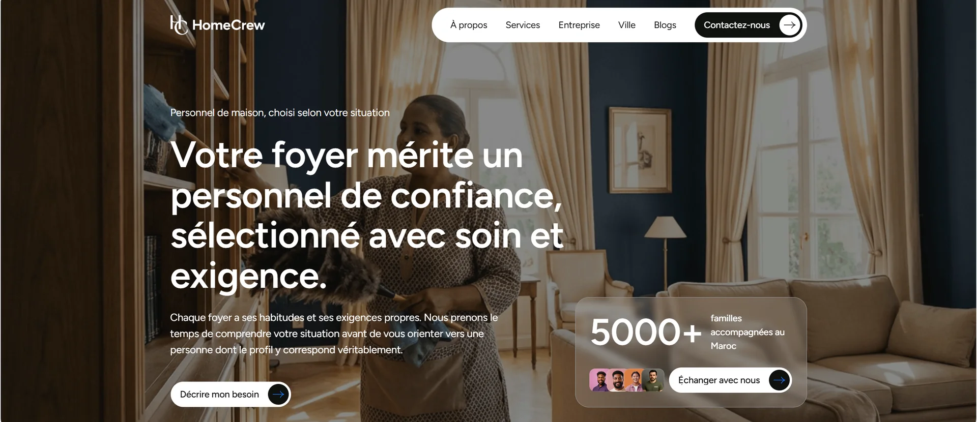 Page d’accueil du site HomeCrew consacré au personnel de maison au Maroc
